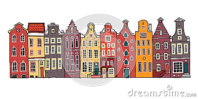 Amsterdam colorful vector sketch hand drawn illustration. Cartoon outline houses facades in a row Vector Illustration